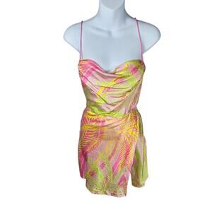 Retrofete Ariella Tropical Palm Silk Mini Dress Pink XS Cowl Neck Slip Resort